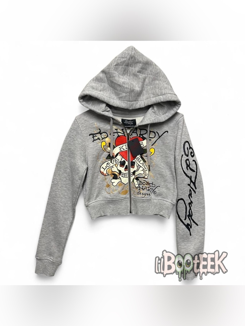 Ed Hardy Ladies SM Grey Crop Zip Up Hoodie LKS Skull Heart NEW VIRAL Y2K